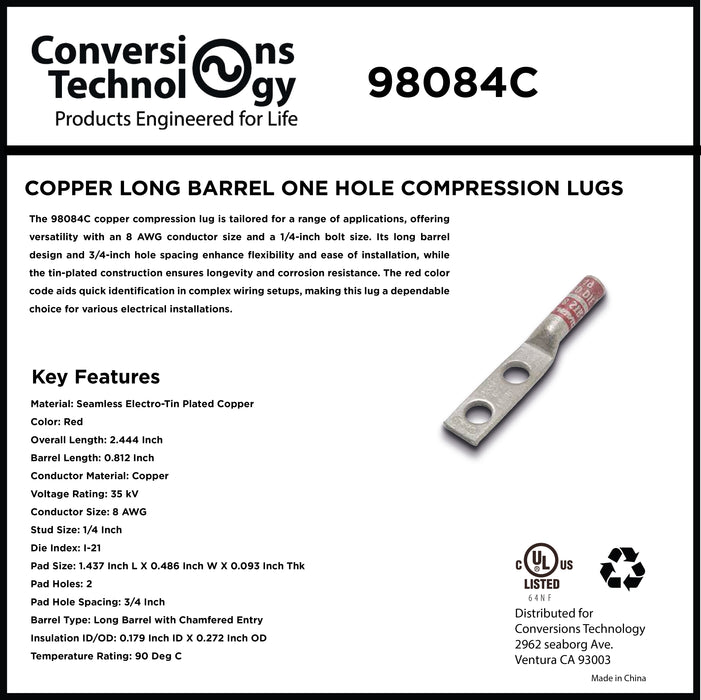 Copper Long Barrel Two Hole Compression Lugs 8 AWG 1/4-inch Bolt Size
