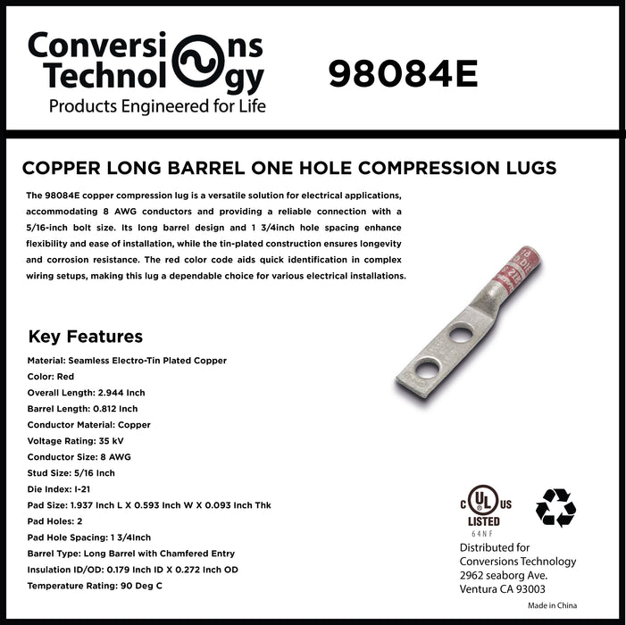 Copper Long Barrel Two Hole Compression Lugs 8 AWG 5/16 Inch