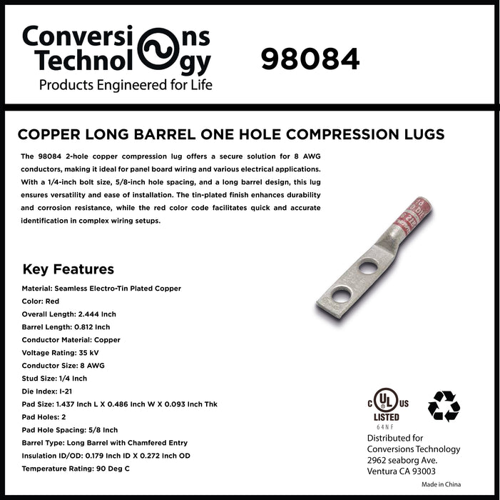 Copper Long Barrel Two Hole Compression Lugs 8 AWG 1/4-inch Bolt Size