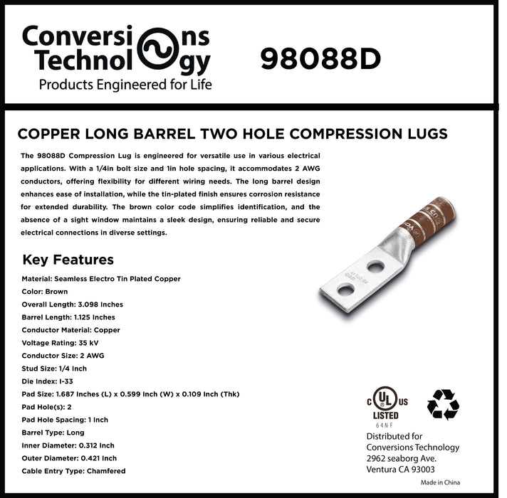 Copper Long Barrel Two Hole Compression Lugs 2 AWG 1/4-inch Bolt Size