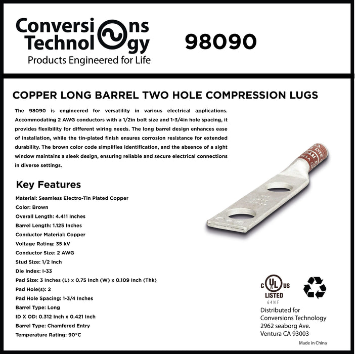 Copper Long Barrel Two Hole Compression Lugs 2 AWG 1/2-inch Bolt Size