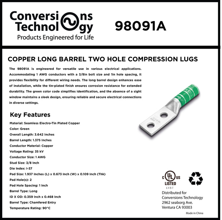 Copper Long Barrel Two Hole Compression Lugs 1 AWG 3/8-inch Bolt Size