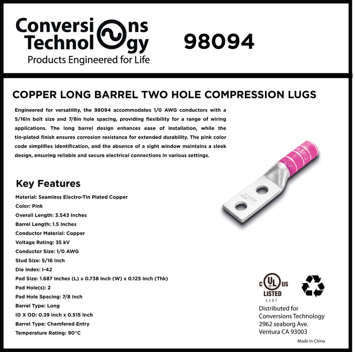 Copper Long Barrel Two Hole Compression Lugs 1/0 AWG 5/16-inch Bolt Size