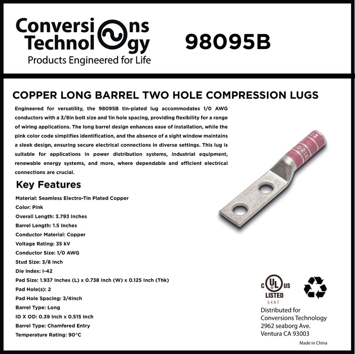 Copper Long Barrel Two Hole Compression Lugs 1/0 AWG 3/8-inch Bolt Size