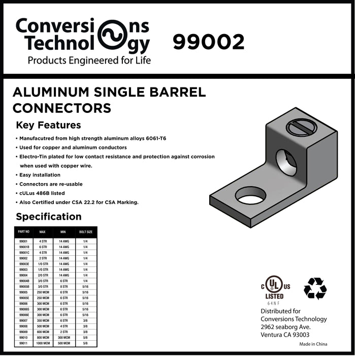 Aluminum Single Barrel Connectors 2 AWG 1/4 Inch Stud Size