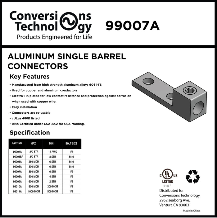 Aluminum Single Barrel Connectors - 350 kcmil 1/2 Inch Stud Size