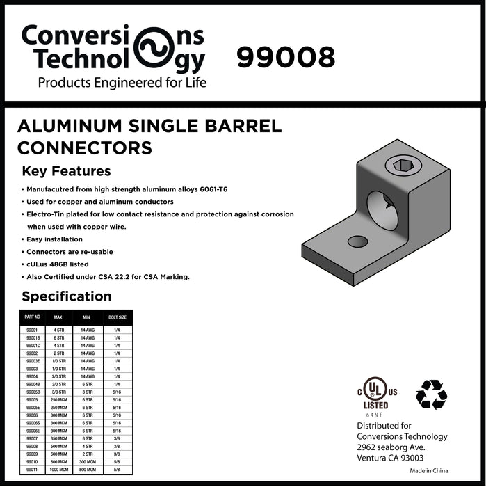 Aluminum Single Barrel Connectors 500 kcmil 3/8 Inch Stud Size
