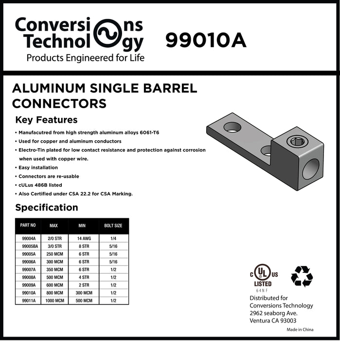 Aluminum Single Barrel Connectors 800 kcmil 1/2 Inch Size Stud