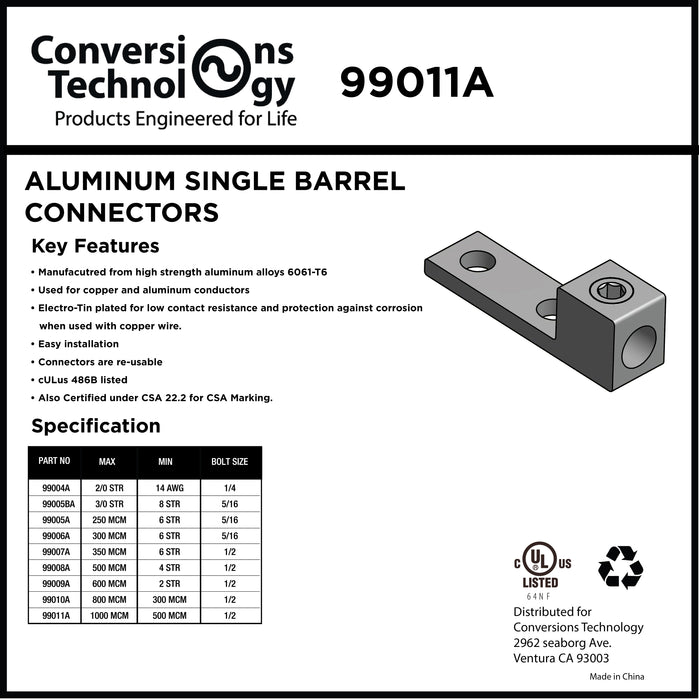 Aluminum Single Barrel Connectors 1000 kcmil 1/2 Inch Stud Size
