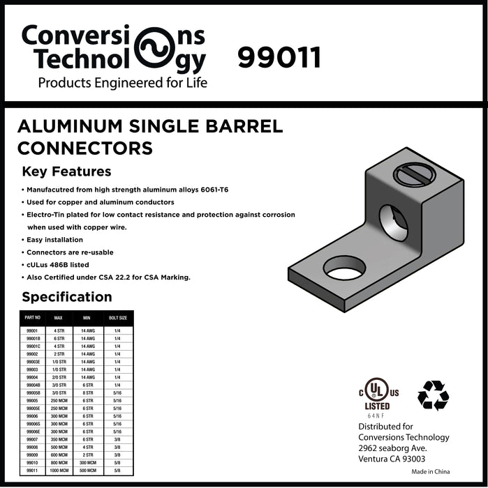 Aluminum Single Barrel Connectors 1000 kcmil 5/8 Inch Stud Size