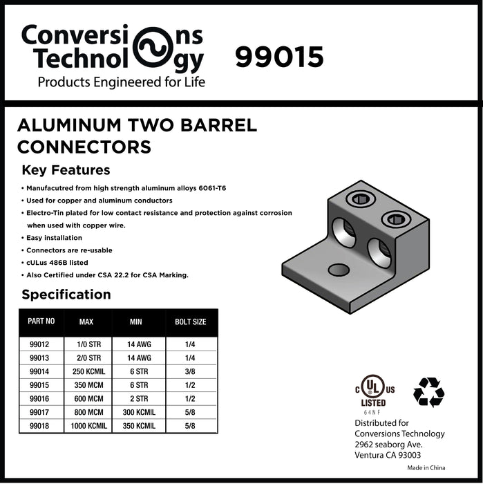 Aluminum Two Barrel Connectors 6 AWG min. to 350 kcmil max. 1/2 Inch Stud Size