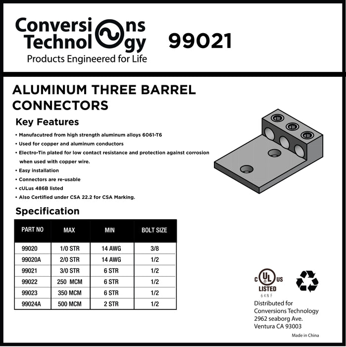 Aluminum Three Barrel Connectors 6 AWG min. to 3/0 AWG max. 1/2 Inch Bolt Size
