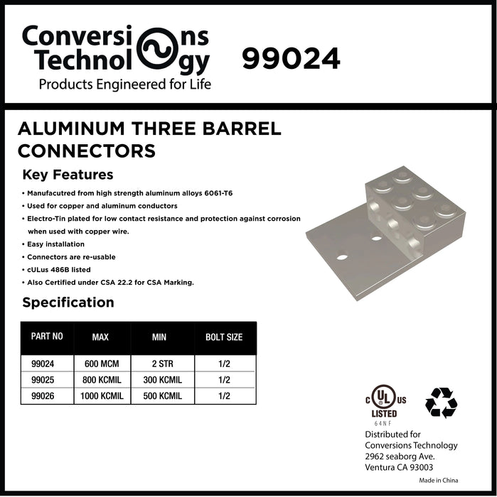 Aluminum Three Barrel Connectors 2 AWG min. to 600 kcmil max. 1/2 Inch Bolt Size