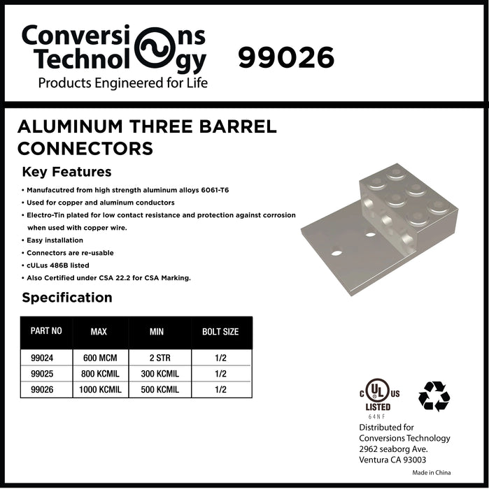 Aluminum Three Barrel Connectors 500 kcmil min. to 1000 kcmil max. 1/2 Inch Stud Size