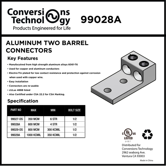 Aluminum Two Barrel Connectors 4 AWG min. to 600 kcmil max. 1/2 Inch Stud Size