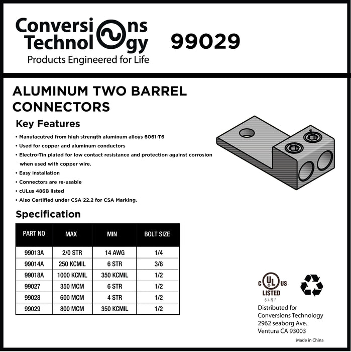 Aluminum Two Barrel Connectors 300 kcmil min. to 800 kcmil max. 1/2 Inch Stud Size
