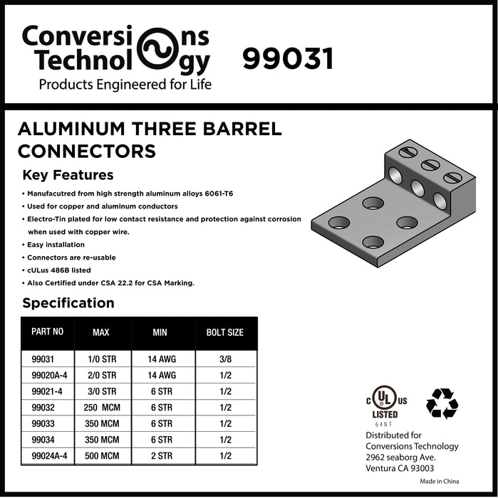 Aluminum Three Barrel Connectors  14 AWG min.to 1/0 AWG max. 3/8 Inch Bolt Size