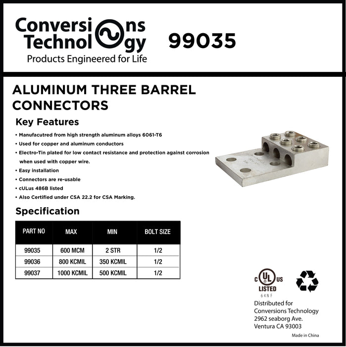 Aluminum Three Barrel Connectors 2 AWG min. to 600 kcmil max. 1/2 Inch Stud Size