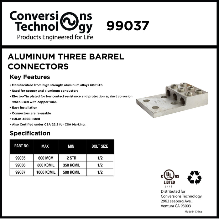 Aluminum Three Barrel Connectors  500 kcmil min. to 1000 kcmil max. 1/2 inch Stud Size