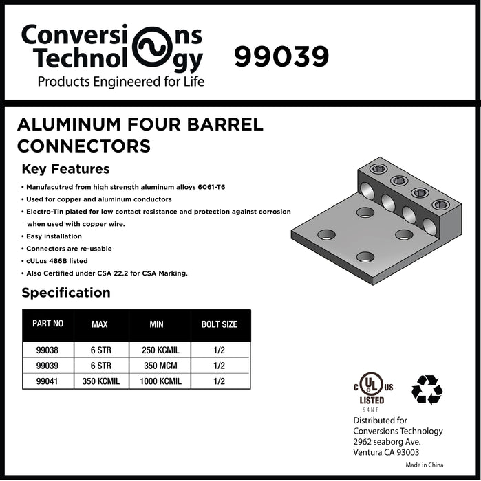 Aluminum Four Barrel Connectors 6 AWG min. to 350 kcmil Max. 1/2 Inch Stud Size
