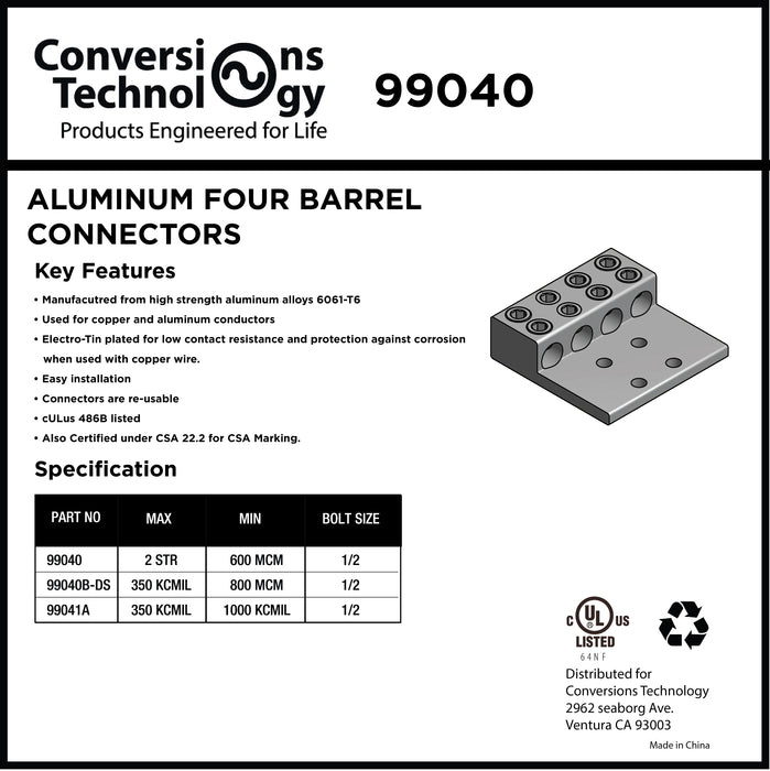 Aluminum Four Barrel Connectors  2 AWG Stranded min. to 600 kcmil max. 1/2 Inch Stud Size