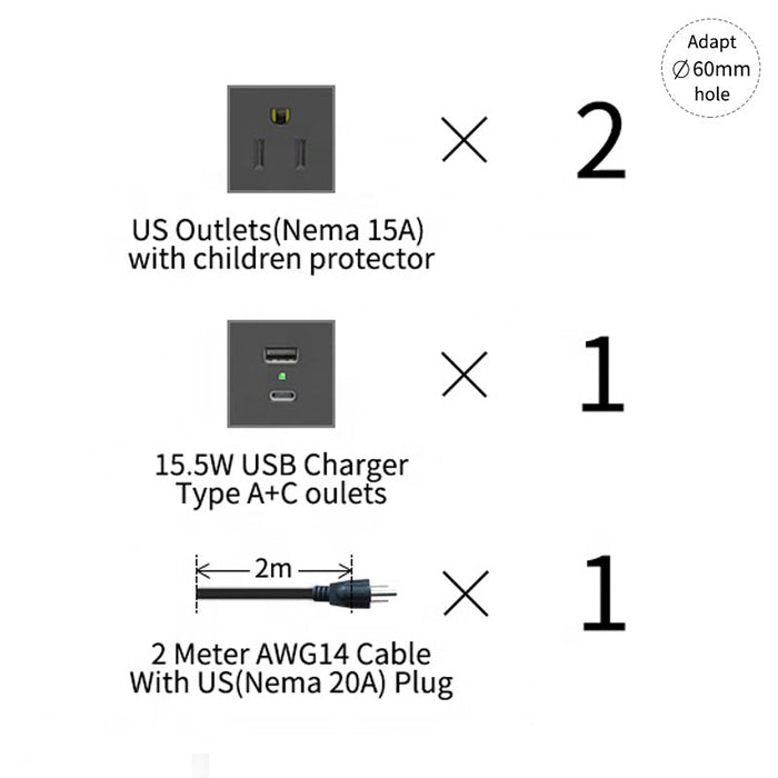 Desktop Pop up power, 2AC, USB-A, USB-C; White/Silver Finish