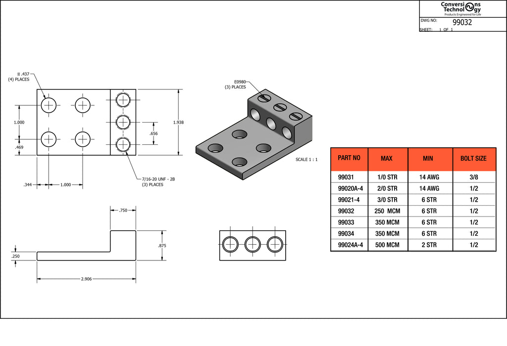 Aluminum Three Barrel Connectors 6 AWG to 240 kcmil 1/2 Inch Stud Size