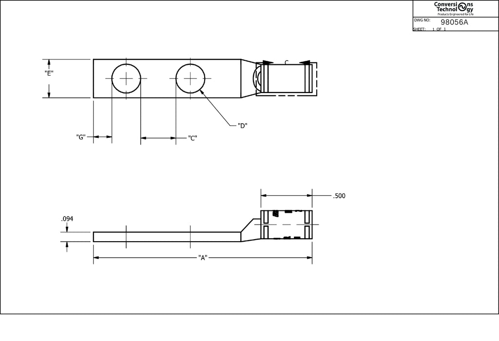 Copper Short Barrel Two Hole Compression Lugs 250 kcmil 3/8-inch Bolt Size