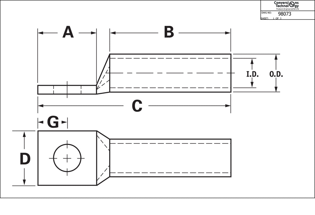 Copper Long Barrel One Hole Compression Lug 4/0 AWG 1/2-inch Bolt Size