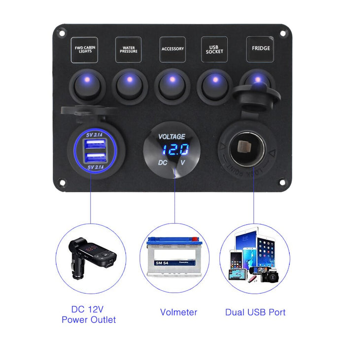 Boat Switch Panel Car Switch Panel Waterproof Digital Voltmeter Dual USB Port 12V Outlet Combination Marine LED Rocker 5 Gang