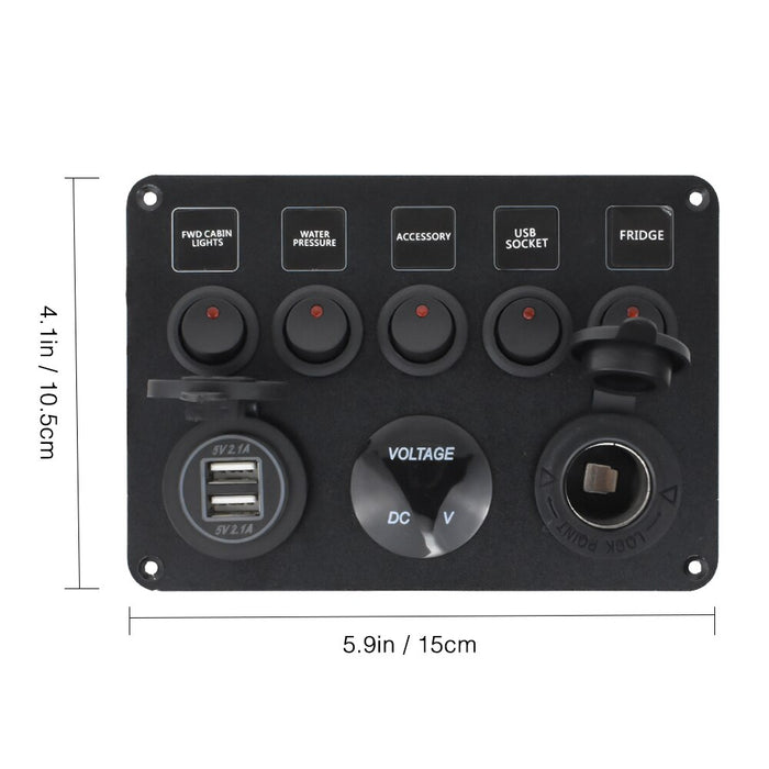 Boat Switch Panel Car Switch Panel Waterproof Digital Voltmeter Dual USB Port 12V Outlet Combination Marine LED Rocker 5 Gang